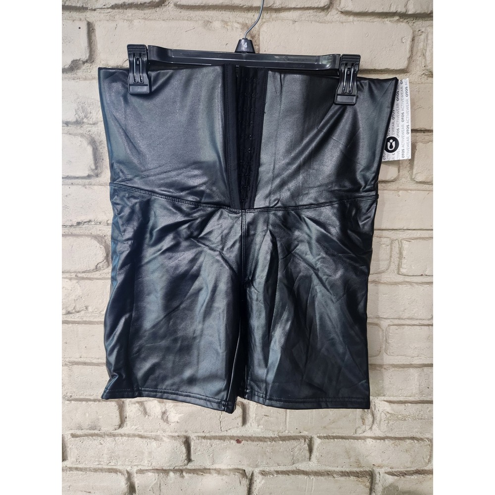 Otos Women Black Faux Leather High Waist Biker Shorts Waist Cincher